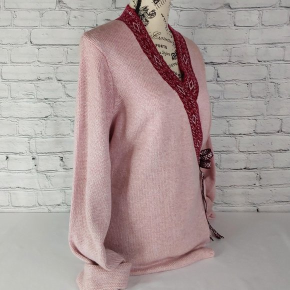 'ELLOS' TIE~WAIST CARDIGAN WRAP AZTEC CONTRASTING TRIM SOFT, ADJUSTABLE SWEATER - Picture 2 of 15